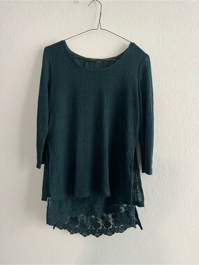 Dark Teal Knit Top with Lace Hem